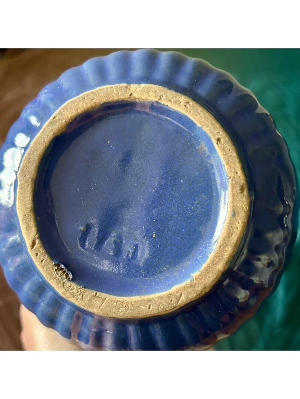 Vintage Cobalt Blue Pottery Creamer Pitcher Ribbed Ceramic Farmhouse